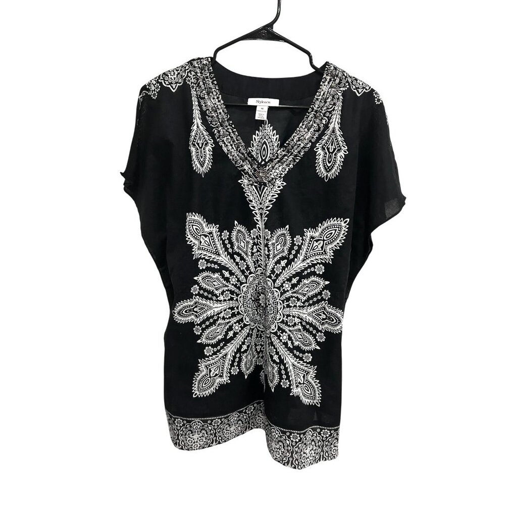 Style & Co Floral Paisley V-Neck Tunic Top Black White Sz 14 Studded Bohemian
